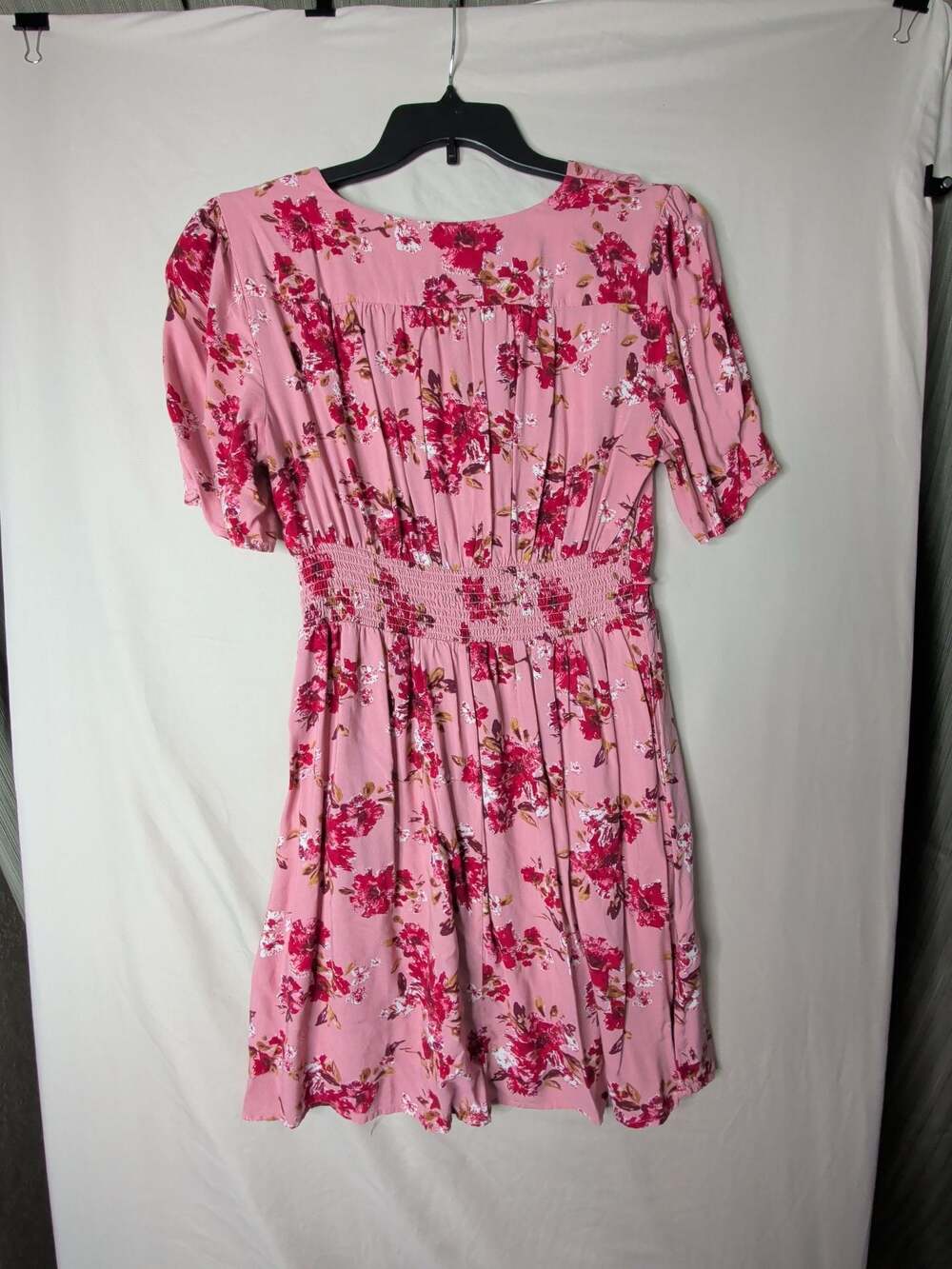 Xhilaration Pink Floral Button-Front V-Neck Smocked Waist Mini Dress - Picture 7 of 7